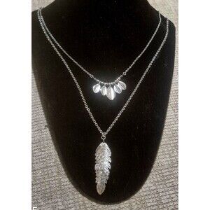 Boho Layered Silver Tone  2 In Feather Leaf Pendant 31 In Necklace Solid Feel